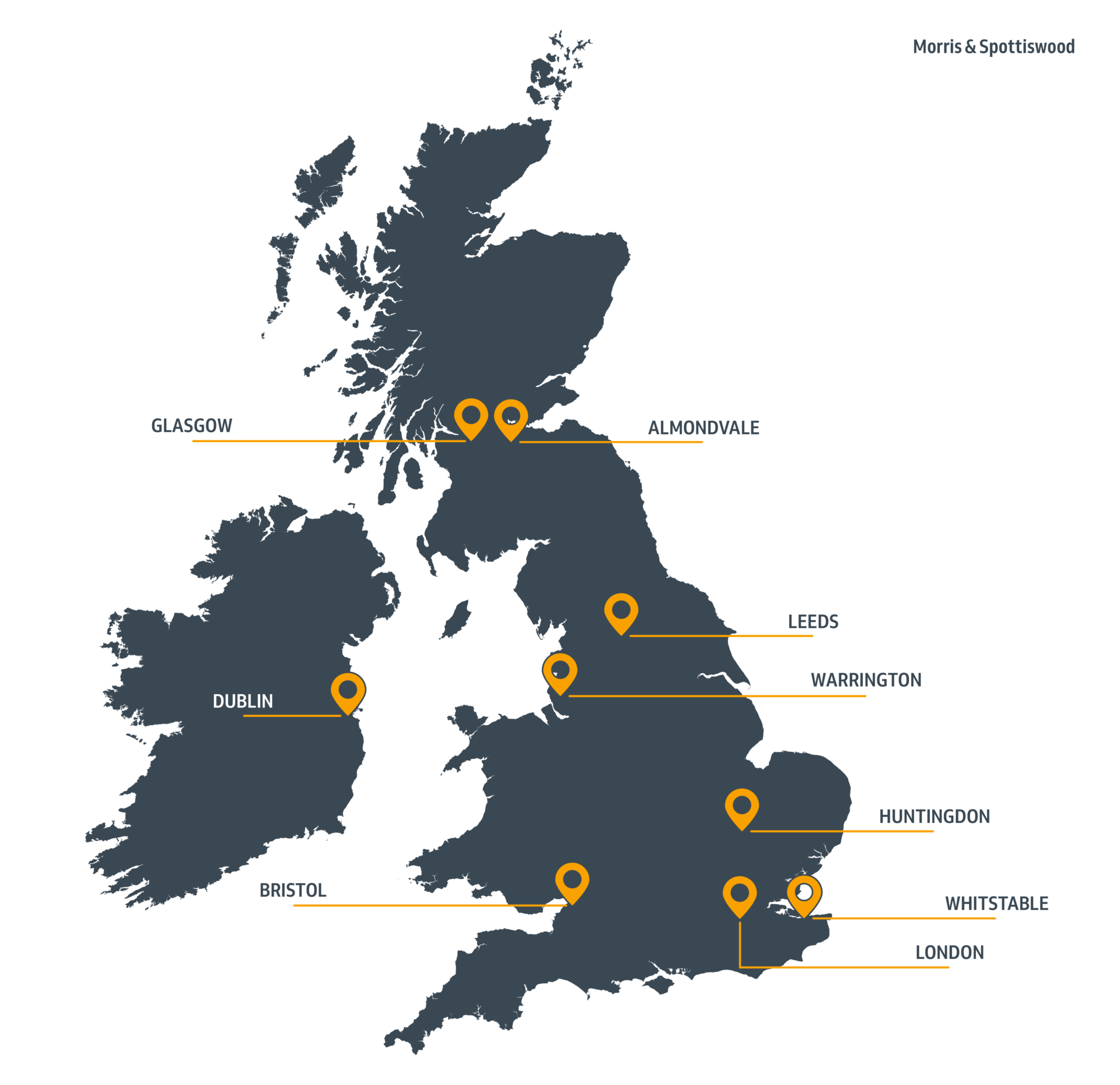 Morris and Spottiswood locations shown in the UK